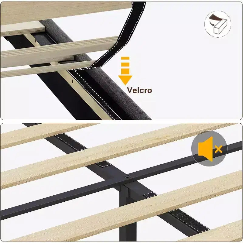 Upholstered Wood Slat Floating Platform Bed with Storage Headboard and LED Lights