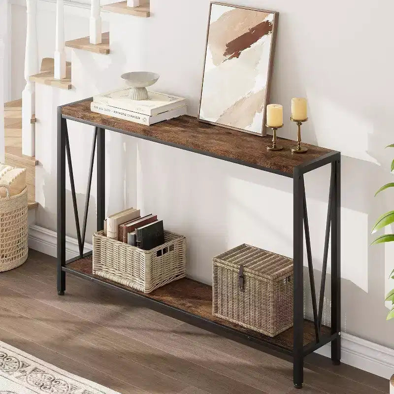 Wood 2-Tier Narrow Console Table with Storage 43"W