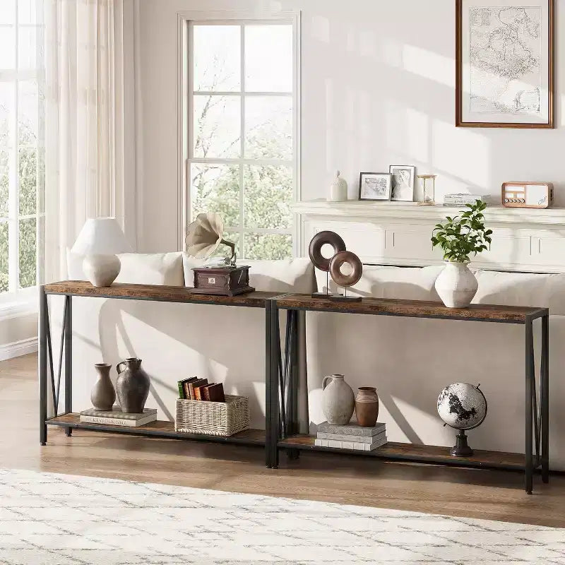 Wood 2-Tier Narrow Console Table with Storage 43"W