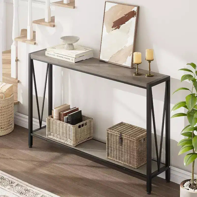 Wood 2-Tier Narrow Console Table with Storage 43"W