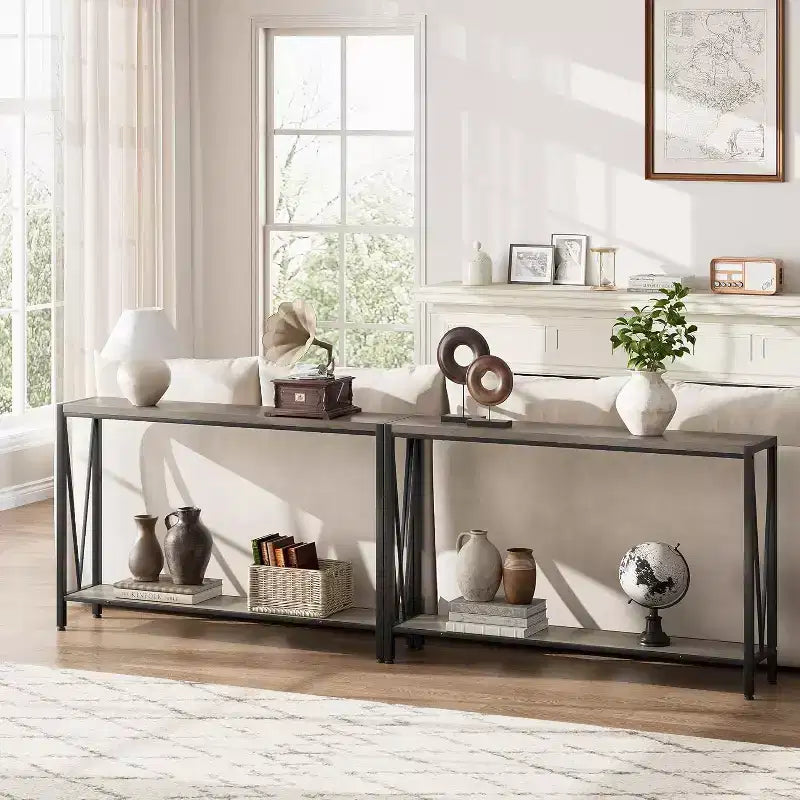 Wood 2-Tier Narrow Console Table with Storage 43"W