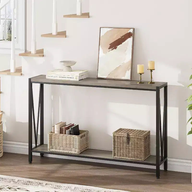 Wood 2-Tier Narrow Console Table with Storage 43"W