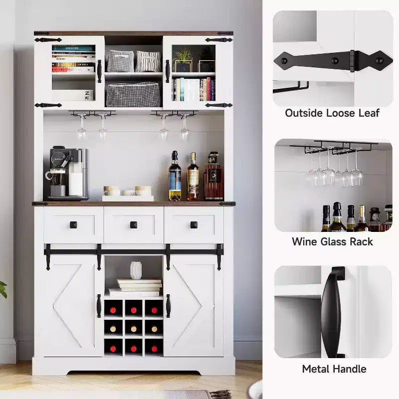 Wood 2-Sliding-Door Coffee Bar Cabinet with Wine Rack and 3 Drawers 72"H