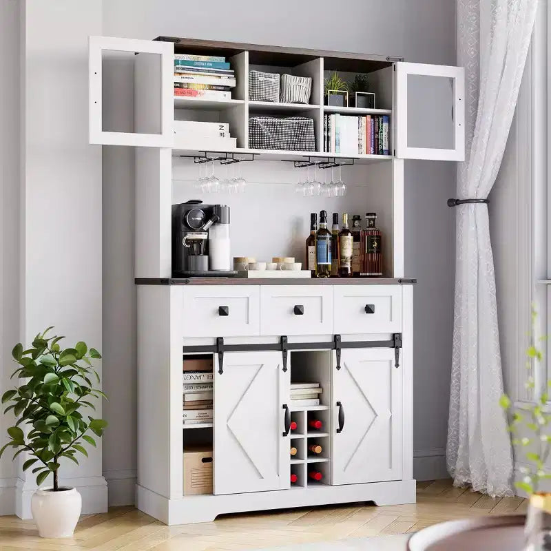 Wood 2-Sliding-Door Coffee Bar Cabinet with Wine Rack and 3 Drawers 72"H