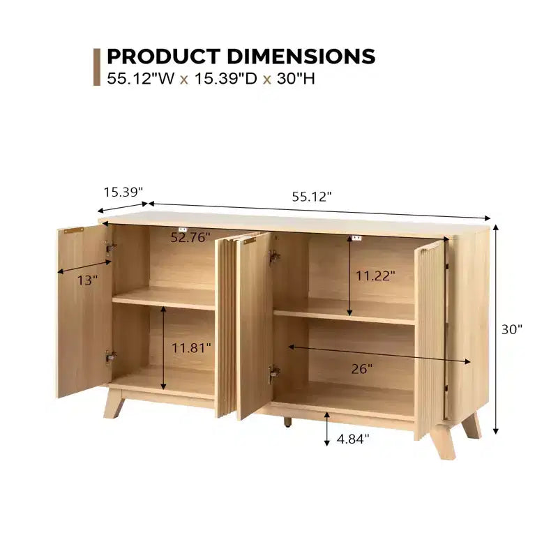 Wood Fluted Sideboard Buffet Cabinet with Adjustable Shelves Natural Oak