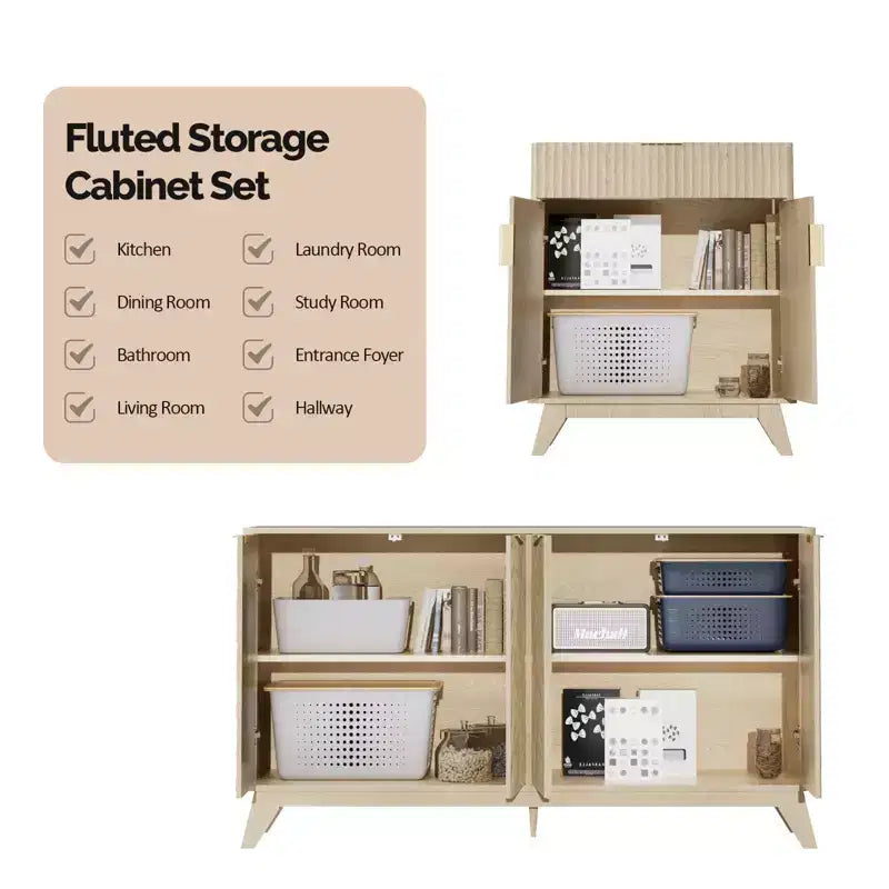 Wood Fluted Sideboard Buffet Cabinet with Adjustable Shelves Natural Oak