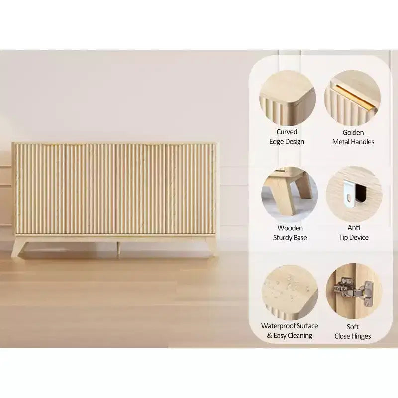 Wood Fluted Sideboard Buffet Cabinet with Adjustable Shelves Natural Oak