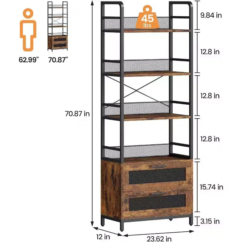 Wood 4-Tier Industrial Bookshelf with Drawers 70.9"H