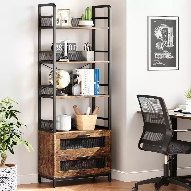 Wood 4-Tier Industrial Bookshelf with Drawers 70.9"H