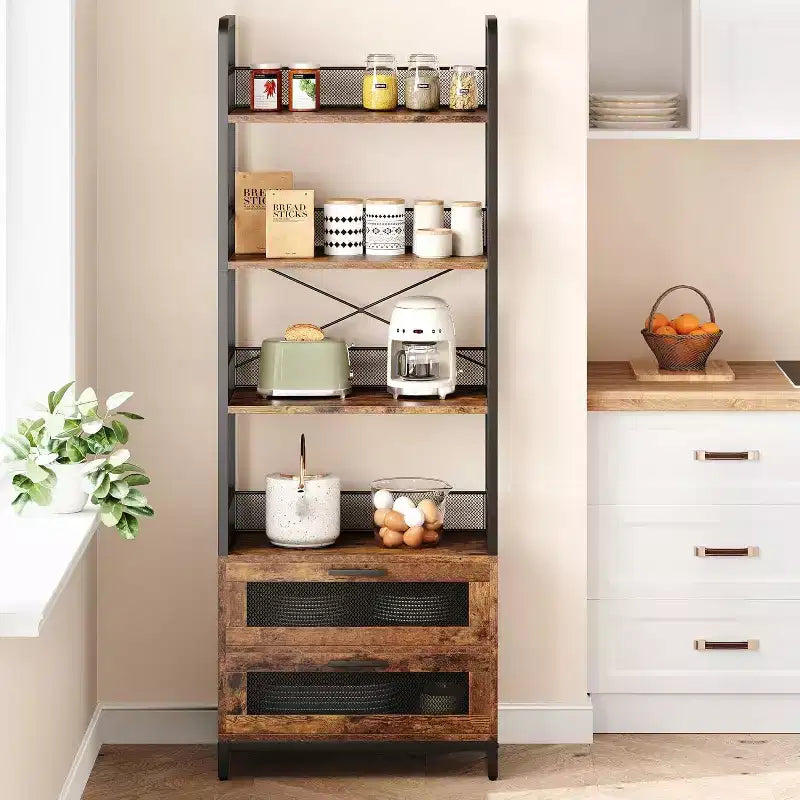 Wood 4-Tier Industrial Bookshelf with Drawers 70.9"H