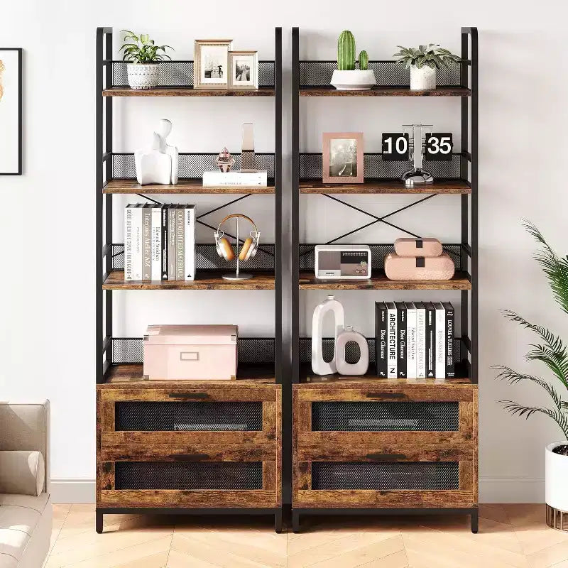 Wood 4-Tier Industrial Bookshelf with Drawers 70.9"H