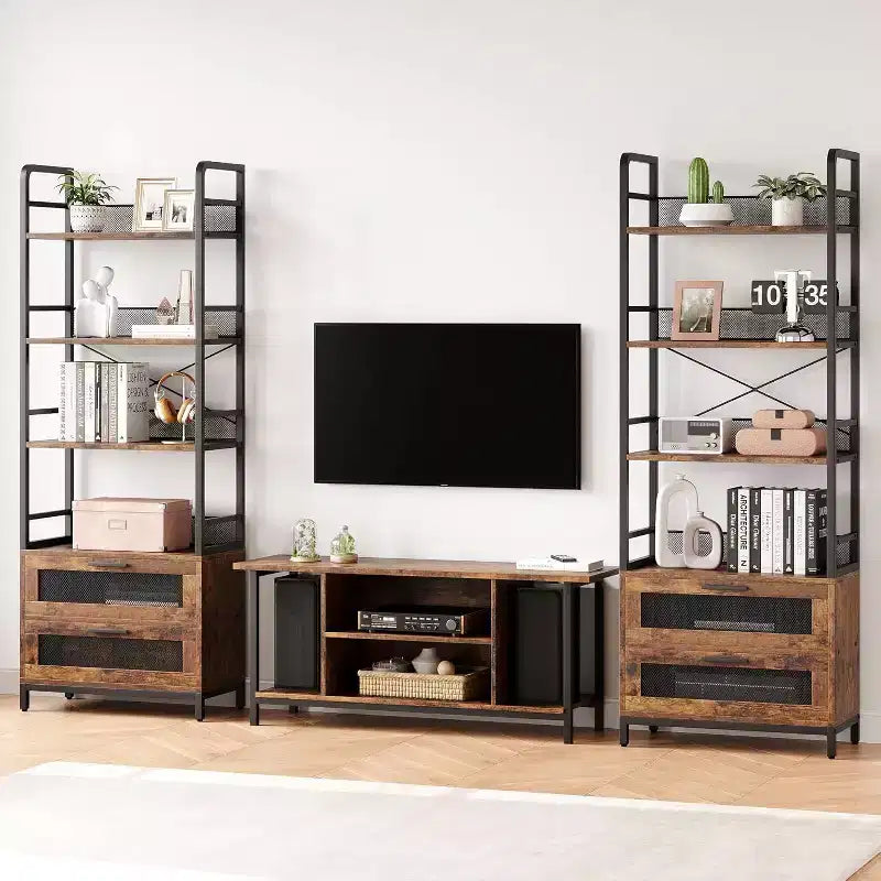 Wood 4-Tier Industrial Bookshelf with Drawers 70.9"H