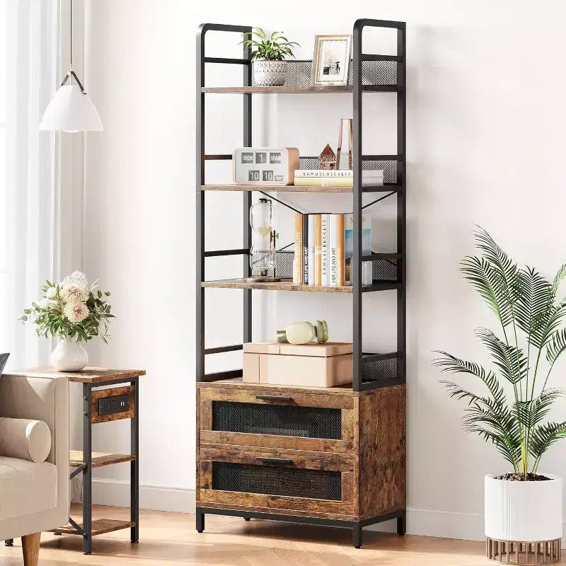 Wood 4-Tier Industrial Bookshelf with Drawers 70.9"H
