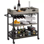 Acekool Bar Cart for Home, 3 Tier Rolling Cart with Removable Tray, Brown Gray Metal Frame, Serving Storage Shelves for Kitchen Dining