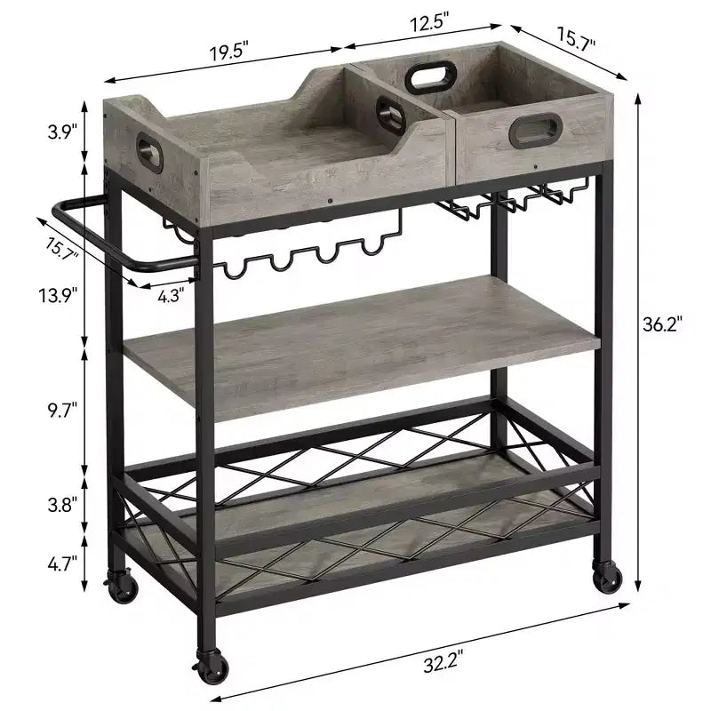 Metal 3-Tier Rolling Bar Cart with Removable Tray