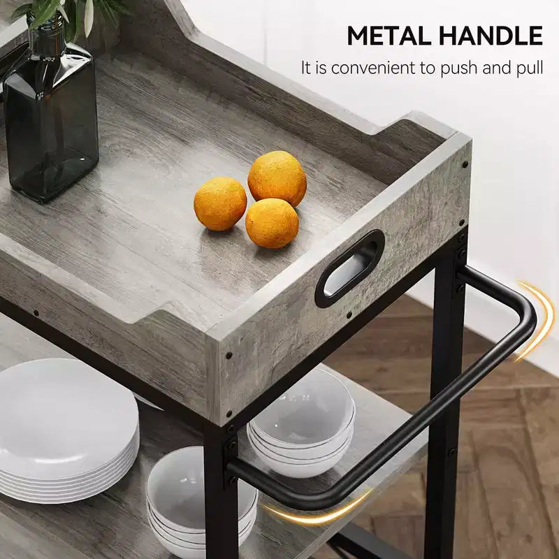 Metal 3-Tier Rolling Bar Cart with Removable Tray