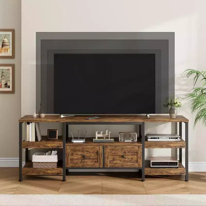 Metal Frame Wood 2-Drawer TV Stand Entertainment Center 63"W