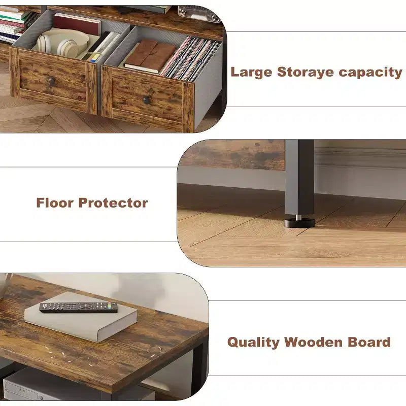 Metal Frame Wood 2-Drawer TV Stand Entertainment Center 63"W
