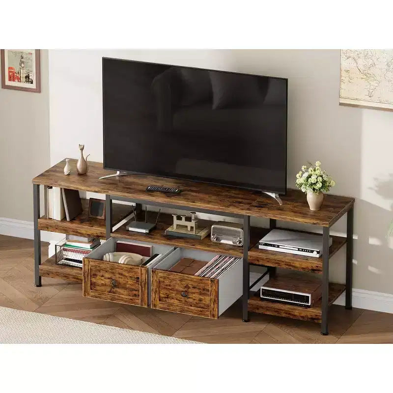 Metal Frame Wood 2-Drawer TV Stand Entertainment Center 63"W