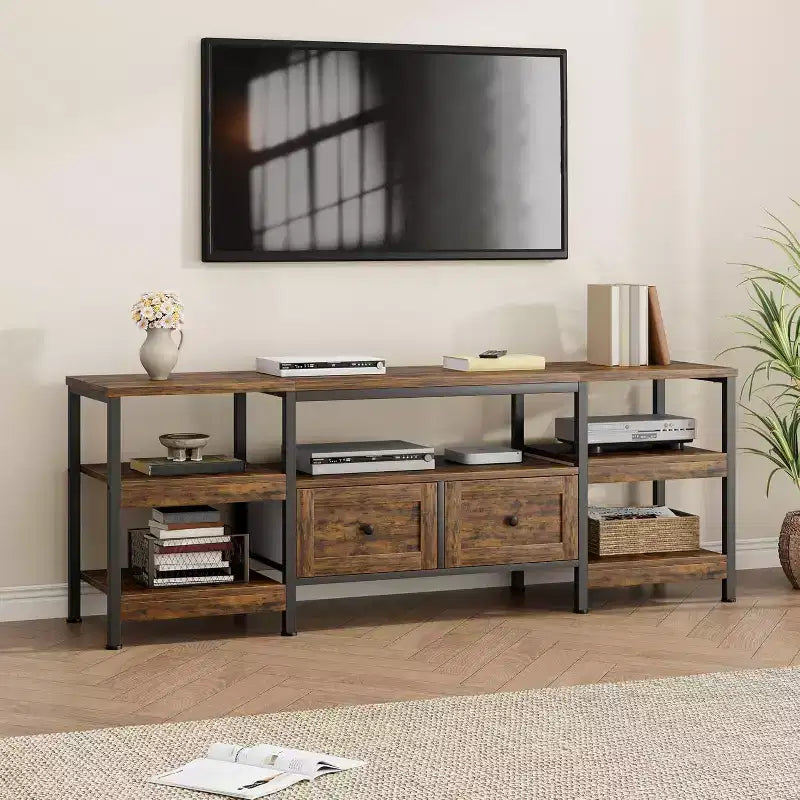 Metal Frame Wood 2-Drawer TV Stand Entertainment Center 63"W