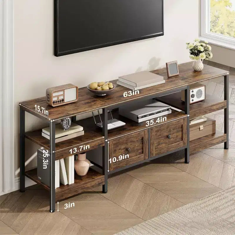 Metal Frame Wood 2-Drawer TV Stand Entertainment Center 63"W