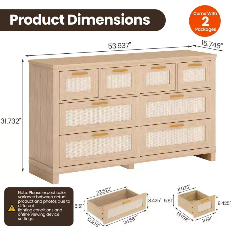 Wood Rattan 8-Drawer Dresser Chest