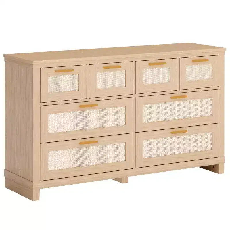 Wood Rattan 8-Drawer Dresser Chest