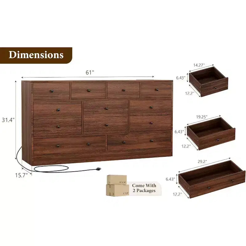 MDF 12-Drawer Dresser Chest 61"W x 15.7"D x 31.4"H