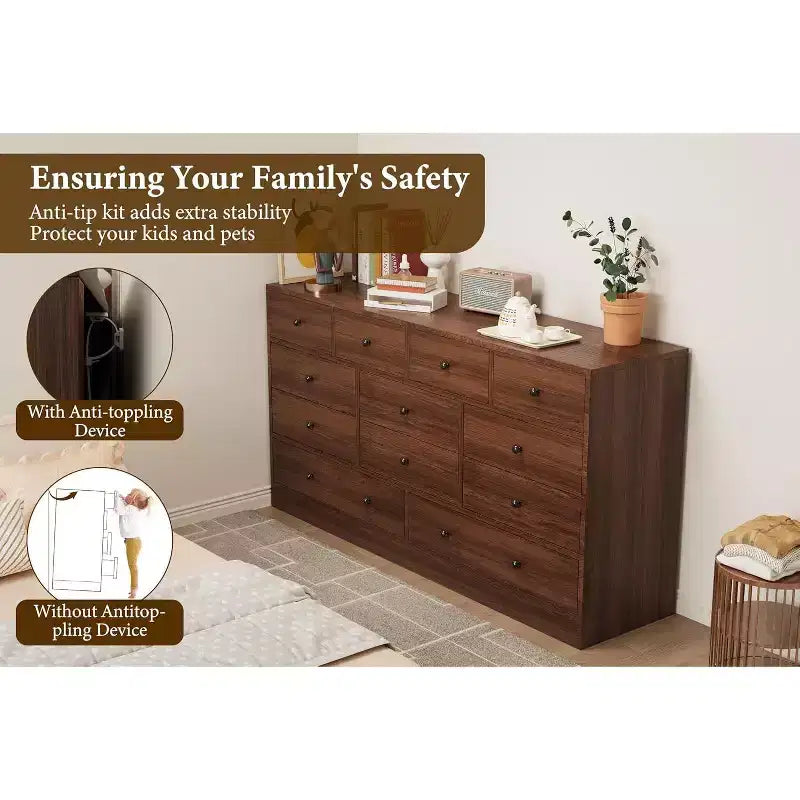 MDF 12-Drawer Dresser Chest 61"W x 15.7"D x 31.4"H