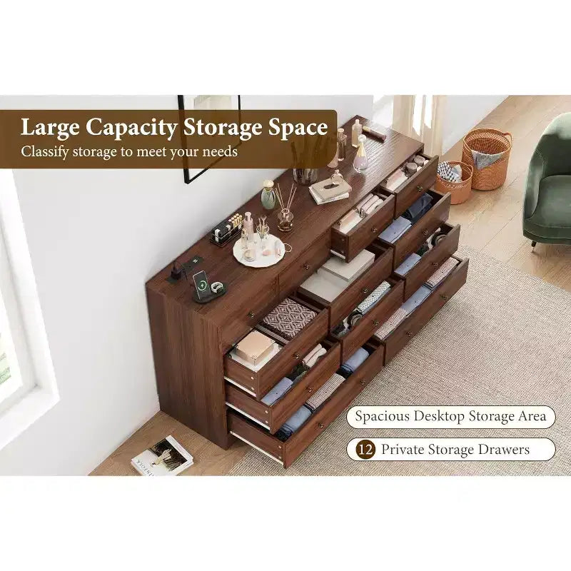 MDF 12-Drawer Dresser Chest 61"W x 15.7"D x 31.4"H