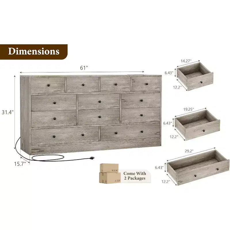 MDF 12-Drawer Dresser Chest 61"W x 15.7"D x 31.4"H