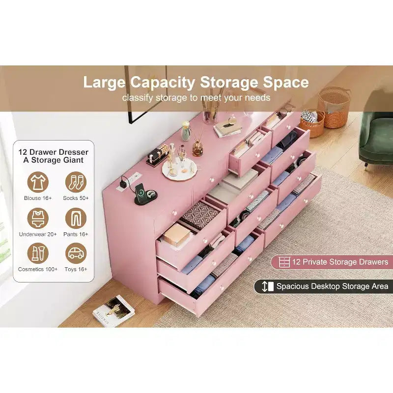 MDF 12-Drawer Dresser Chest 61"W x 15.7"D x 31.4"H