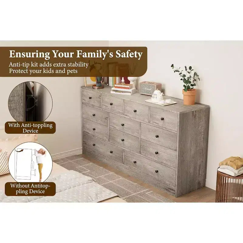 MDF 12-Drawer Dresser Chest 61"W x 15.7"D x 31.4"H