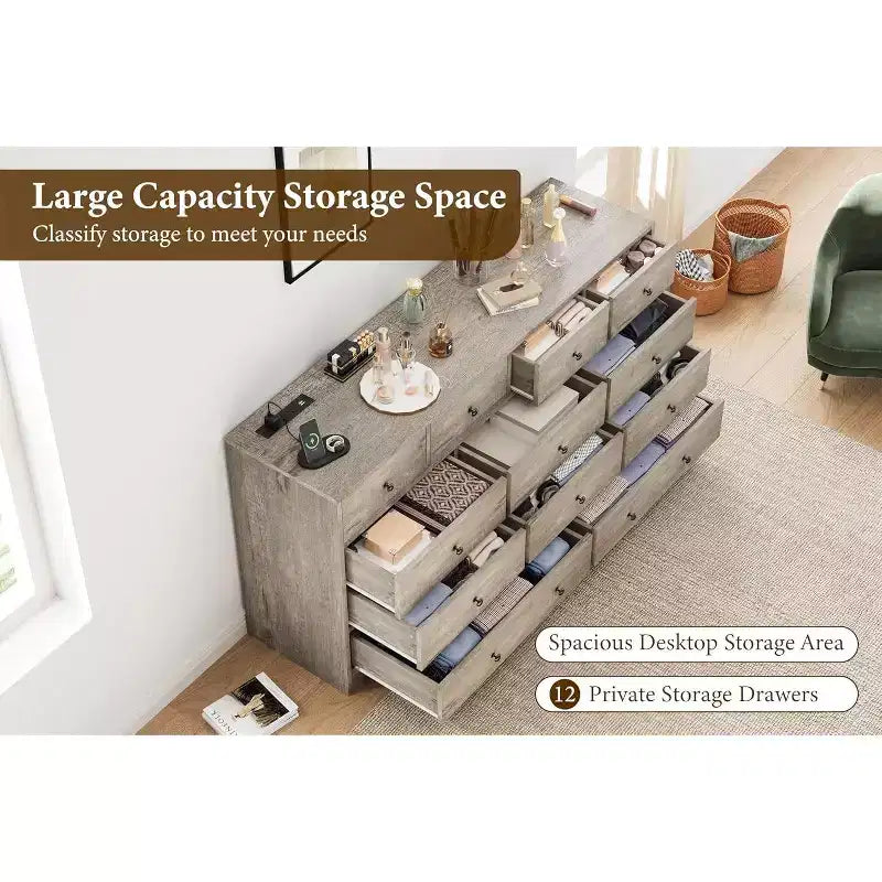 MDF 12-Drawer Dresser Chest 61"W x 15.7"D x 31.4"H