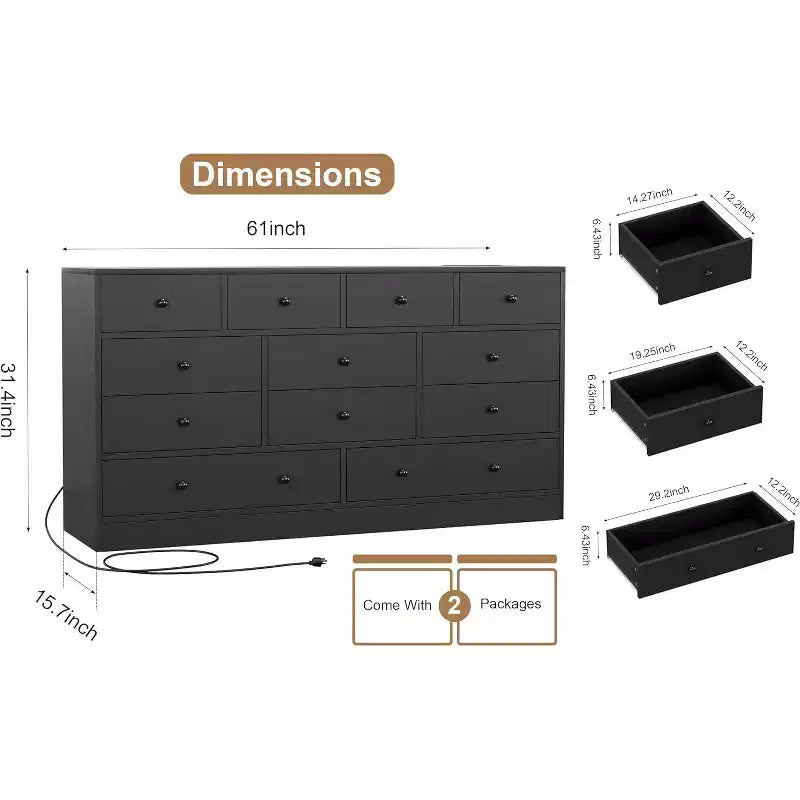 MDF 12-Drawer Dresser Chest 61"W x 15.7"D x 31.4"H