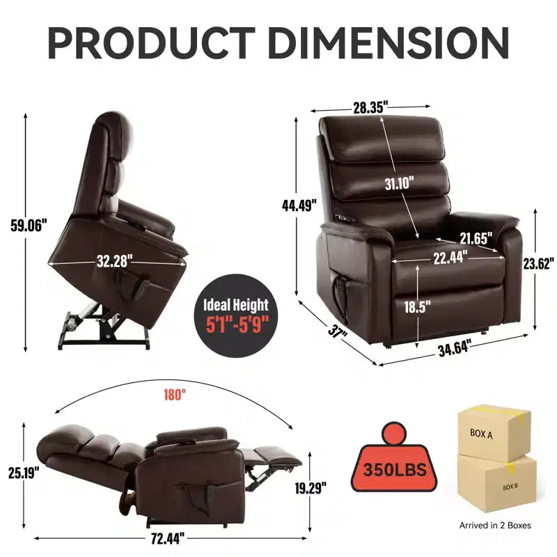 Metal Faux Leather Dual Motor Power Lift Recliner Chair with Heat and Massage 37.1"W x 37.1"D