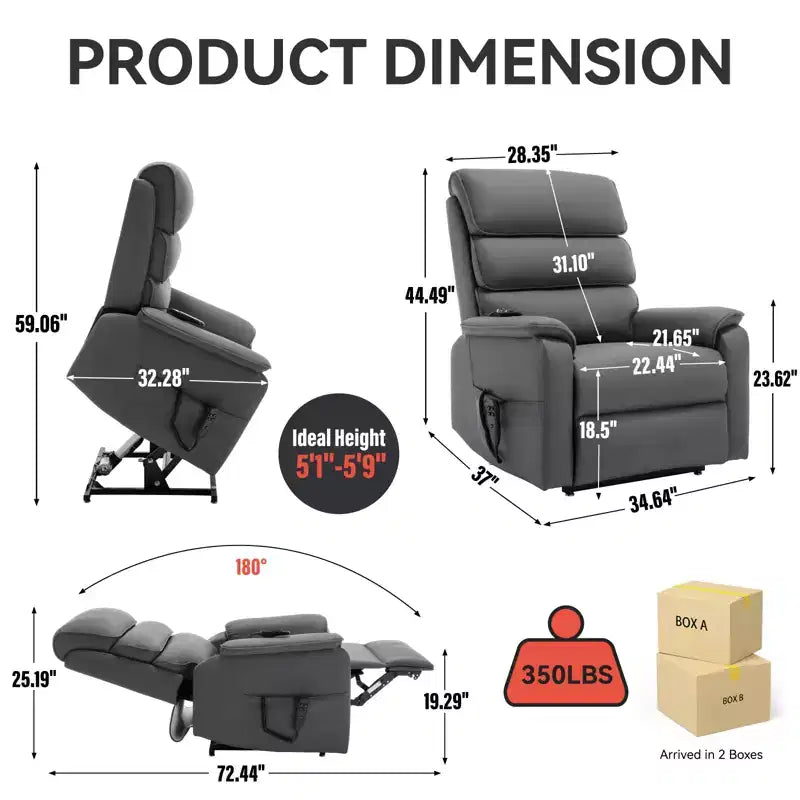 Metal Faux Leather Dual Motor Power Lift Recliner Chair with Heat and Massage 37.1"W x 37.1"D