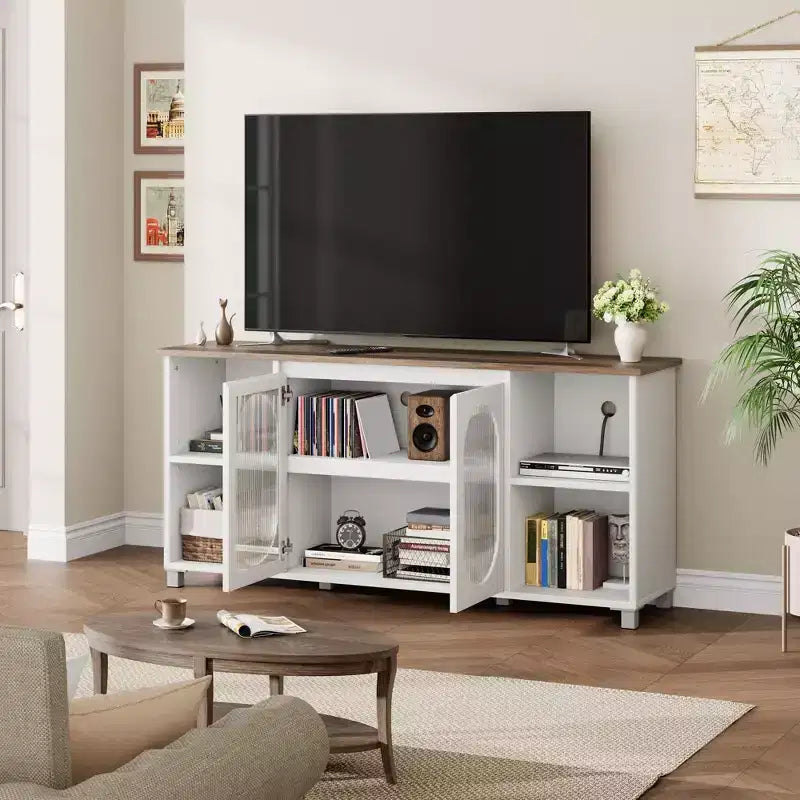 Particle Board MDF TV Cabinet with Corrugated Glass Doors 62.6"W x 14.9"D x 29.2"H