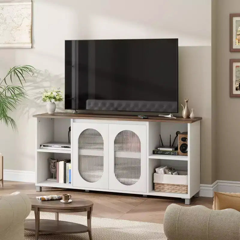 Particle Board MDF TV Cabinet with Corrugated Glass Doors 62.6"W x 14.9"D x 29.2"H
