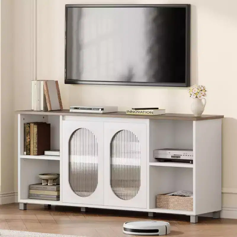 Particle Board MDF TV Cabinet with Corrugated Glass Doors 62.6"W x 14.9"D x 29.2"H