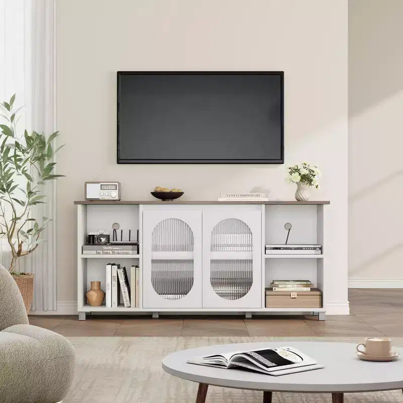 Particle Board MDF TV Cabinet with Corrugated Glass Doors 62.6"W x 14.9"D x 29.2"H