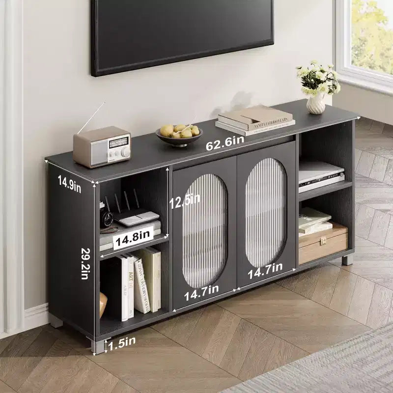 Particle Board MDF TV Cabinet with Corrugated Glass Doors 62.6"W x 14.9"D x 29.2"H