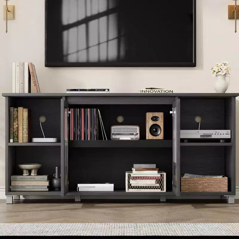 Particle Board MDF TV Cabinet with Corrugated Glass Doors 62.6"W x 14.9"D x 29.2"H