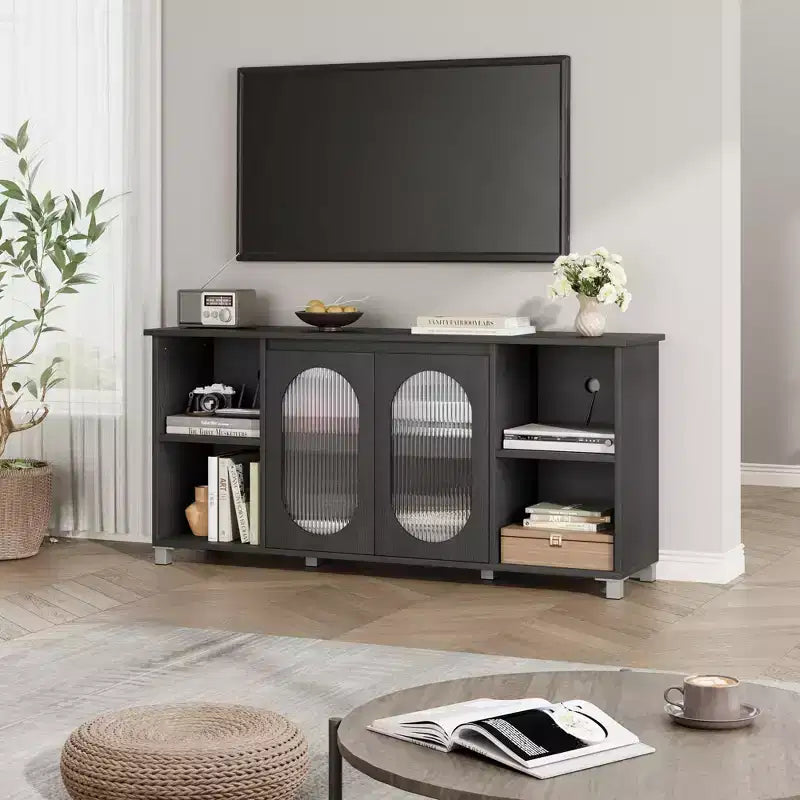 Particle Board MDF TV Cabinet with Corrugated Glass Doors 62.6"W x 14.9"D x 29.2"H