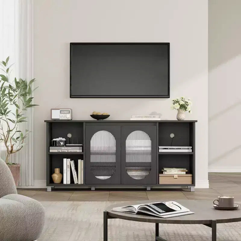 Particle Board MDF TV Cabinet with Corrugated Glass Doors 62.6"W x 14.9"D x 29.2"H