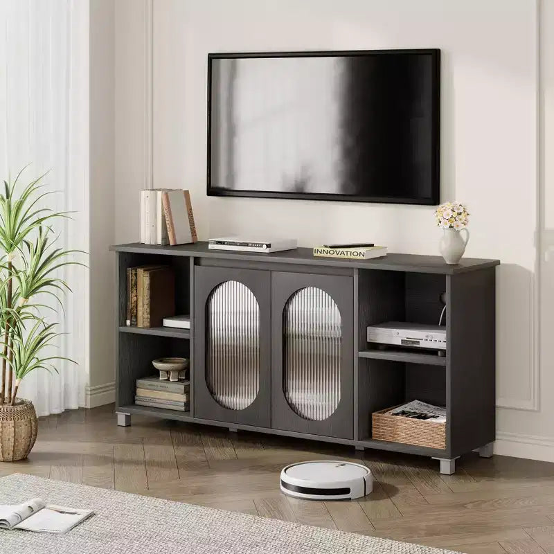 Particle Board MDF TV Cabinet with Corrugated Glass Doors 62.6"W x 14.9"D x 29.2"H