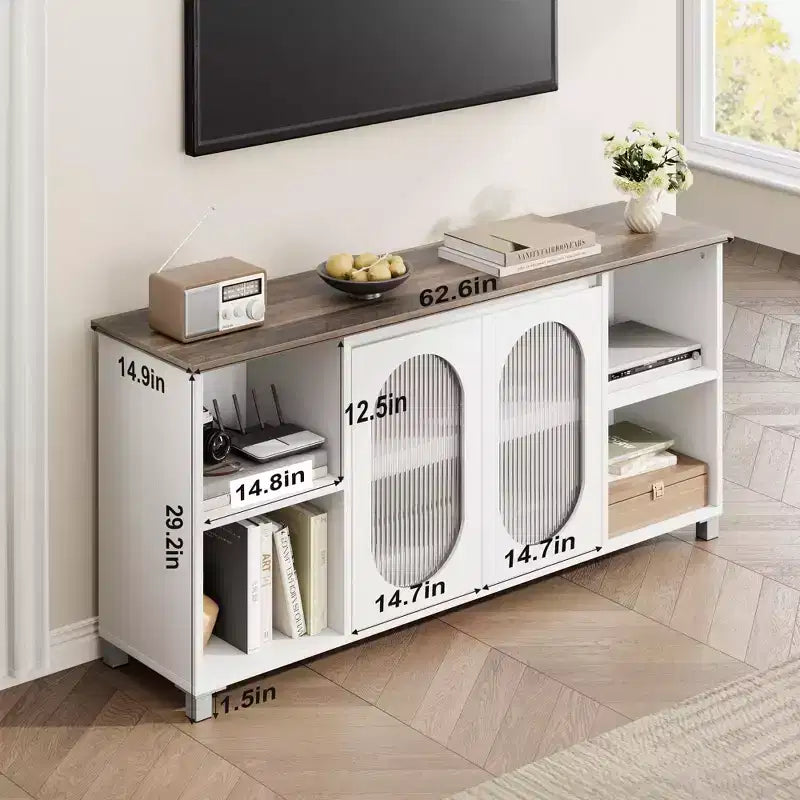 Particle Board MDF TV Cabinet with Corrugated Glass Doors 62.6"W x 14.9"D x 29.2"H