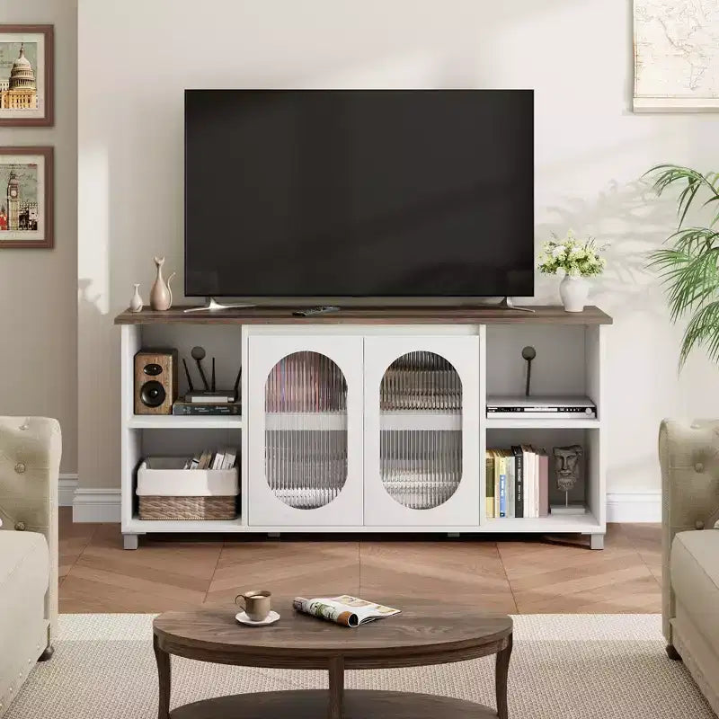 Particle Board MDF TV Cabinet with Corrugated Glass Doors 62.6"W x 14.9"D x 29.2"H