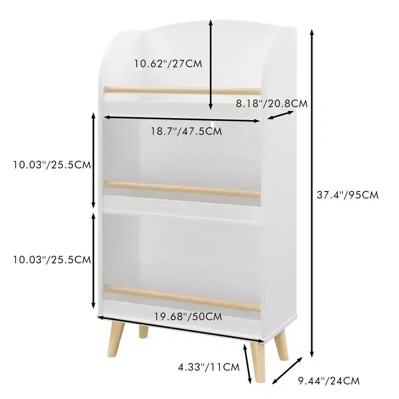 MDF Pine Leg 3-Tier Kids Bookcase with Storage Cabinet 19.68"W x 9.44"D x 37.4"H