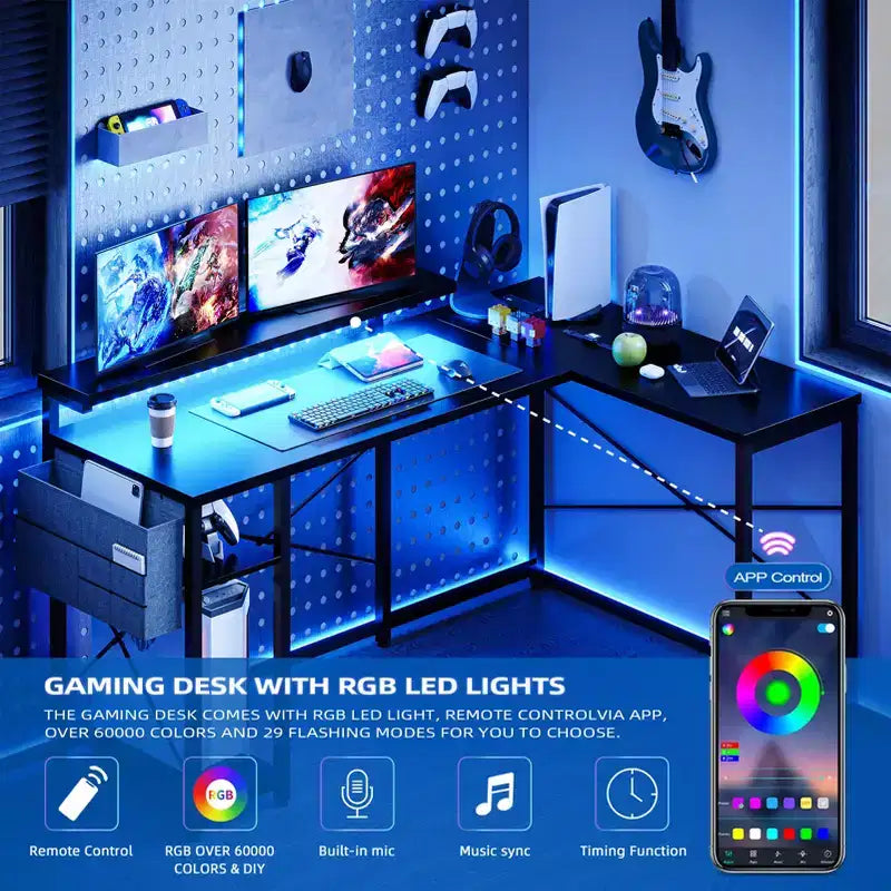MDF Reversible L-Shaped Corner Desk with Monitor Stand, LED Lights, and Power Outlets 54"
